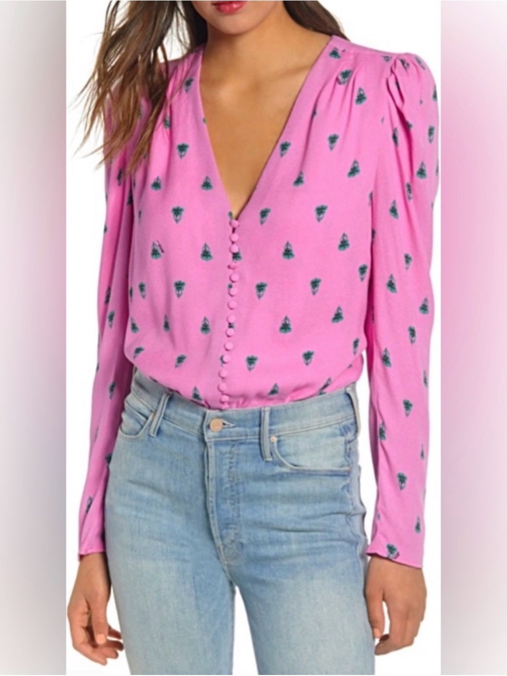 AFRM Pink Floral-Accent V-Neck Button Front Blouse